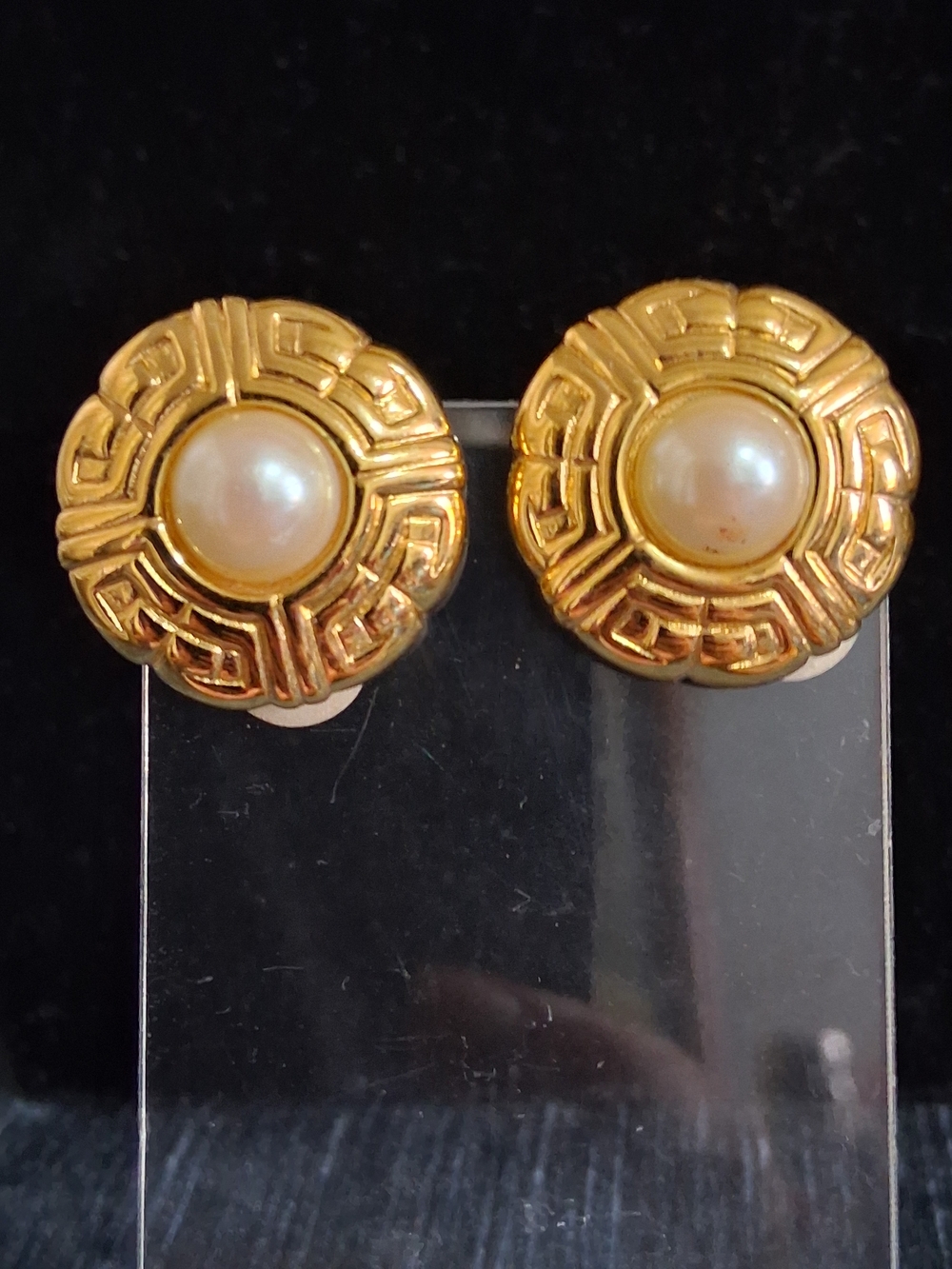 Givenchy gold tone clip-on earrings Greek Key faux pearl center Vintage